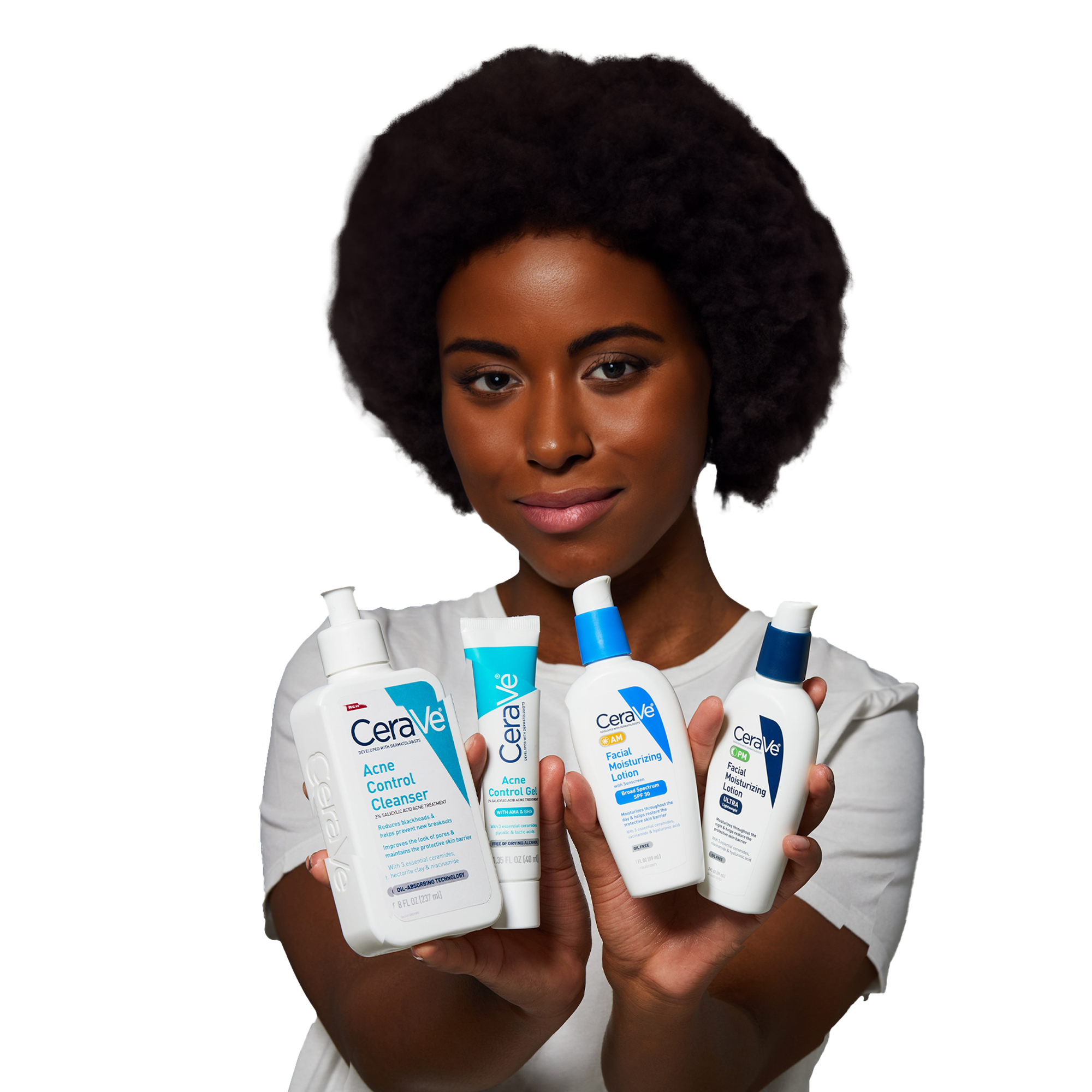 Before and after split screen of a woman face, with and without using Cera've